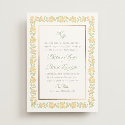 This is a butter foil stamped wedding invitations with foil pressed by Creo Study called pillowy border printing on signature in standard