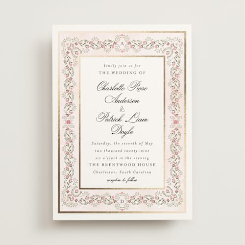 This is a peony foil stamped wedding invitations with foil pressed by Susan Moyal called embrace printing on signature in standard