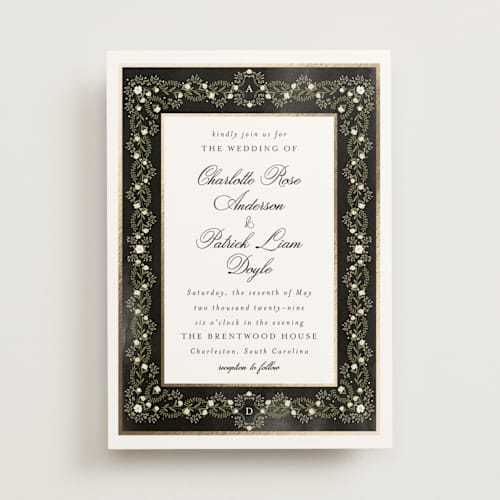 This is a midnight foil stamped wedding invitations with foil pressed by Susan Moyal called embrace printing on signature in standard