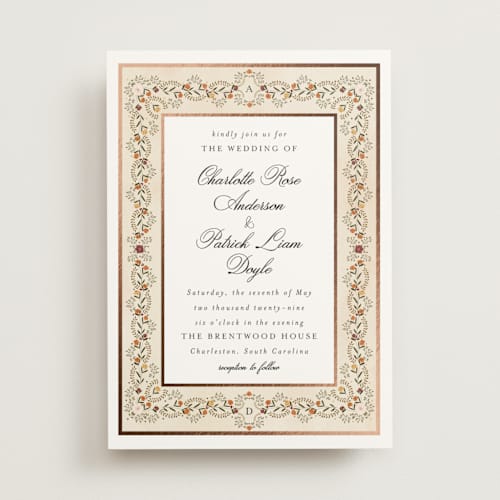 This is a copper foil stamped wedding invitations with foil pressed by Susan Moyal called embrace printing on signature in standard