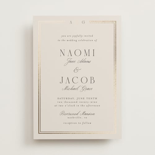 This is a champagne foil stamped wedding invitations with foil pressed by Nicole Walsh called grace printing on signature in standard