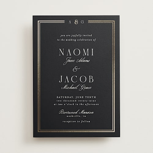 This is a midnight foil stamped wedding invitations with foil pressed by Nicole Walsh called grace printing on signature in standard
