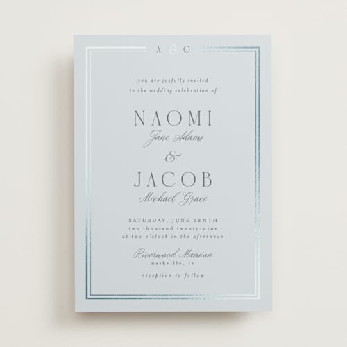 This is a blue mist foil stamped wedding invitations with foil pressed by Nicole Walsh called grace printing on signature in standard
