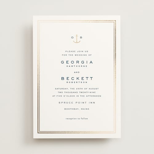 This is a royal navy foil stamped wedding invitations with foil pressed by Olivia Raufman called anchored printing on signature in standard