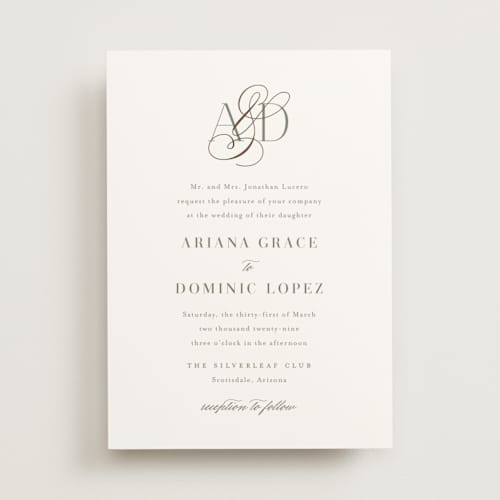 This is a sage foil stamped wedding invitations with foil pressed by Jennifer Postorino called gilded ampersand printing on signature in standard