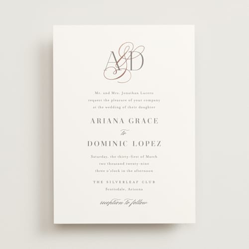 This is a taupe foil stamped wedding invitations with foil pressed by Jennifer Postorino called gilded ampersand printing on signature in standard