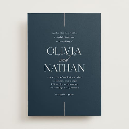 This is a midnight foil stamped wedding invitations with foil pressed by Jessica Williams called aligned printing on signature in standard