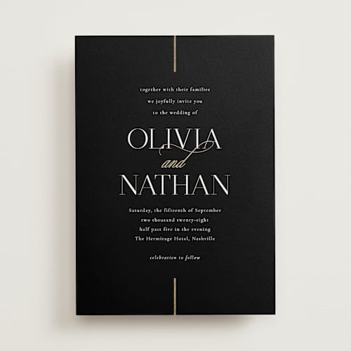 This is a black tie foil stamped wedding invitations with foil pressed by Jessica Williams called aligned printing on signature in standard