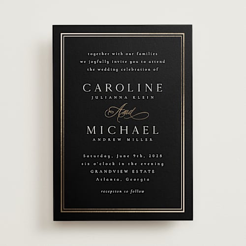 This is a noir foil stamped wedding invitations with foil pressed by Nicole Walsh called lustre printing on signature in standard
