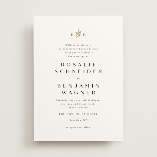This is a black dahlia foil stamped wedding invitations with foil pressed by Olivia Raufman called petite sprig printing on signature in standard