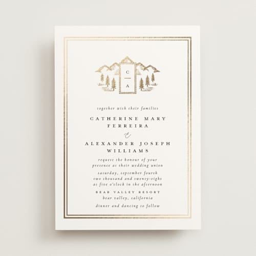 This is a quartz foil stamped wedding invitations with foil pressed by Ana de Sousa called summit serenity printing on signature in standard