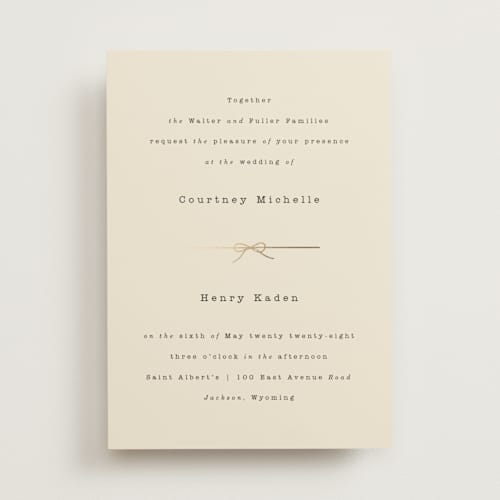This is a ivory foil stamped wedding invitations with foil pressed by Baumbirdy called bow tie printing on signature in standard