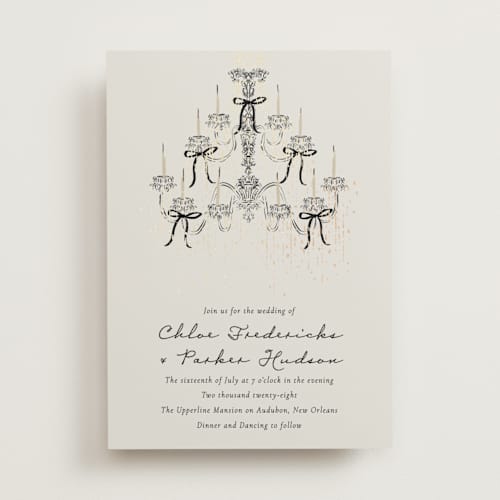 This is a noir foil stamped wedding invitations with foil pressed by Jackie Crawford called hand illustrated whimsical chandelier printing on signature in standard