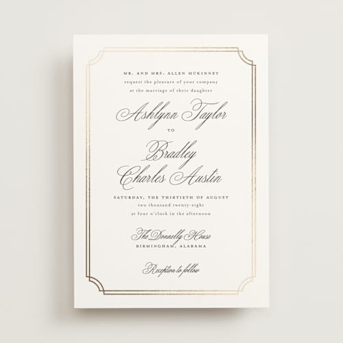 This is a porcelain foil stamped wedding invitations with foil pressed by Sarah Brown called formally printing on signature in standard