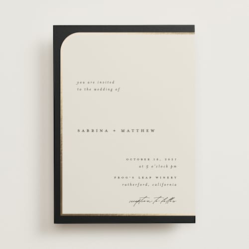 This is a black tie foil stamped wedding invitations with foil pressed by Carolyn Nicks called tuxedo printing on signature in standard