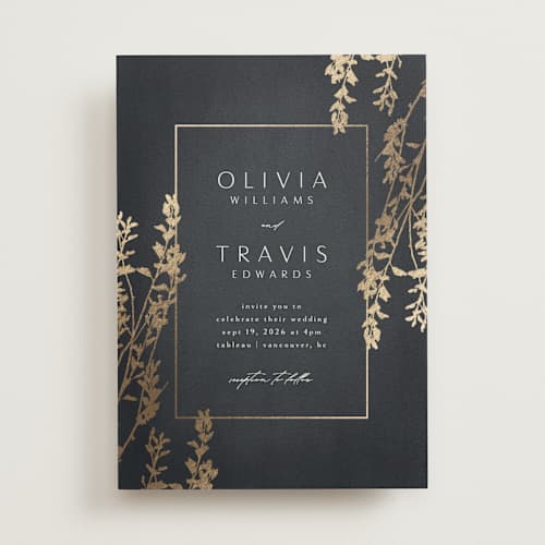 This is a navy foil stamped wedding invitations with foil pressed by Kelly Schmidt called quince printing on signature in standard