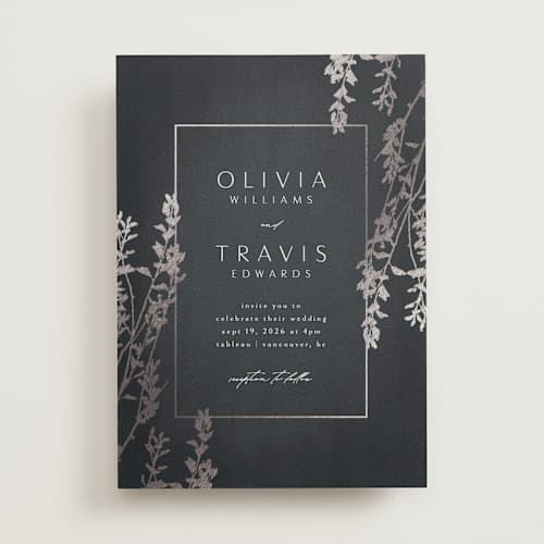 This is a navy foil stamped wedding invitations with foil pressed by Kelly Schmidt called quince printing on signature in standard