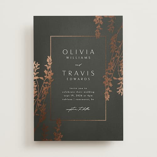 This is a ivy foil stamped wedding invitations with foil pressed by Kelly Schmidt called quince printing on signature in standard