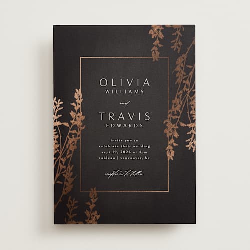 This is a night foil stamped wedding invitations with foil pressed by Kelly Schmidt called quince printing on signature in standard