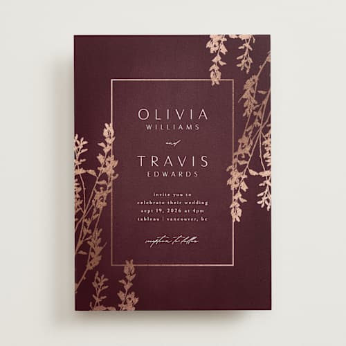 This is a vineyard foil stamped wedding invitations with foil pressed by Kelly Schmidt called quince printing on signature in standard
