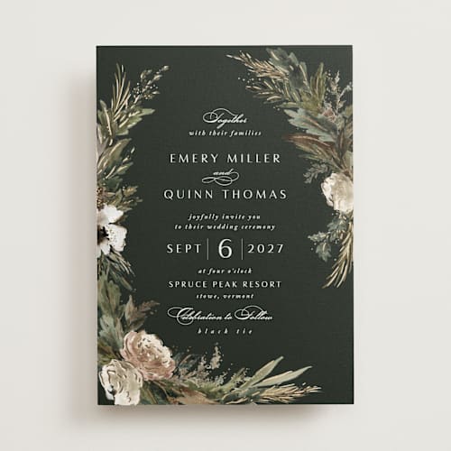 This is a olive foil stamped wedding invitations with foil pressed by Kate Ahn called poetique printing on signature in standard