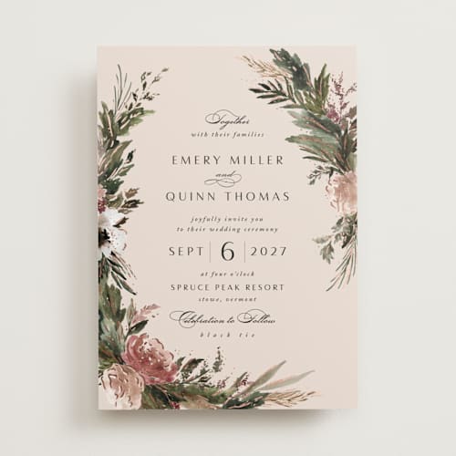 This is a rose quartz foil stamped wedding invitations with foil pressed by Kate Ahn called poetique printing on signature in standard