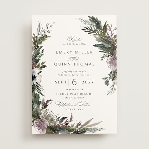 This is a amethyst foil stamped wedding invitations with foil pressed by Kate Ahn called poetique printing on signature in standard