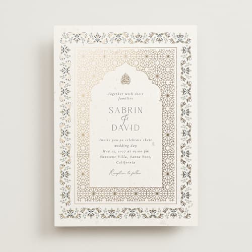 This is a sage foil stamped wedding invitations with foil pressed by Sabrin Deirani called islamic arch printing on signature in standard