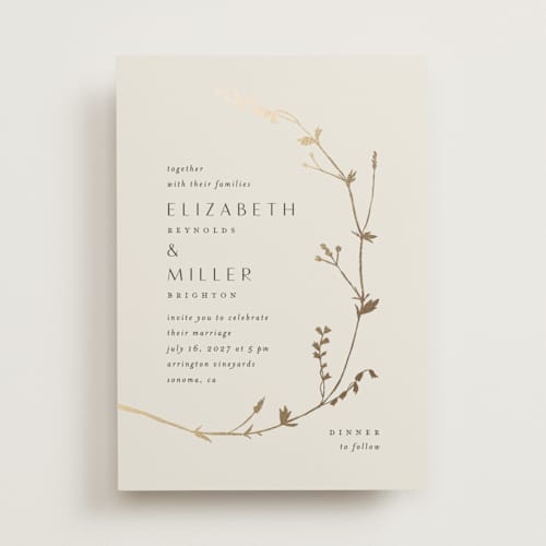 This is a cotton foil stamped wedding invitations with foil pressed by Amy Kross called vine wrap printing on signature in standard