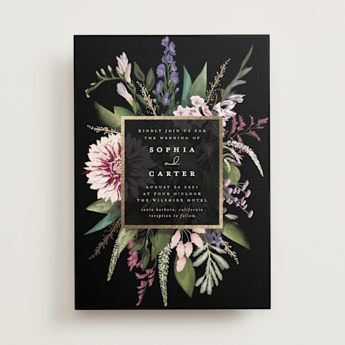 This is a midnight foil stamped wedding invitations with foil pressed by Susan Moyal called bold bouquet printing on signature in standard