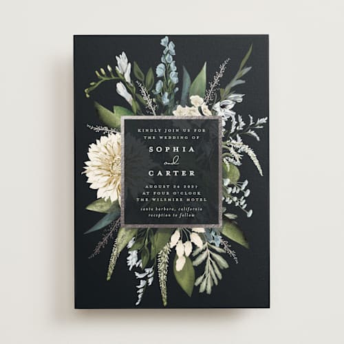 This is a marine foil stamped wedding invitations with foil pressed by Susan Moyal called bold bouquet printing on signature in standard