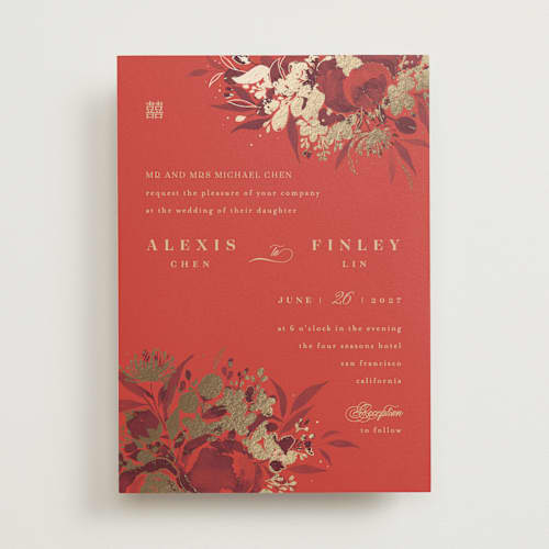 This is a cherry foil stamped wedding invitations with foil pressed by Shannon Chen of Four Wet Feet Studio called happiness printing on signature in standard