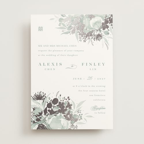 This is a sage foil stamped wedding invitations with foil pressed by Four Wet Feet Studio called happiness printing on signature in standard
