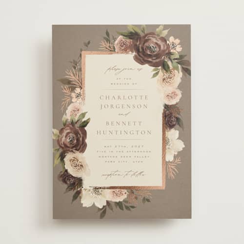 This is a rose foil stamped wedding invitations with foil pressed by Wildfield Paper Co called romantic frame printing on signature in standard