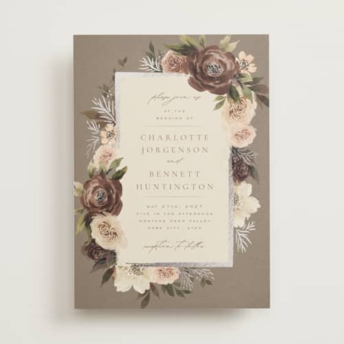 This is a rose foil stamped wedding invitations with foil pressed by Wildfield Paper Co called romantic frame printing on signature in standard