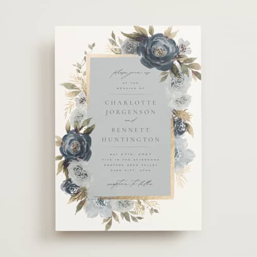 This is a indigo foil stamped wedding invitations with foil pressed by Wildfield Paper Co called romantic frame printing on signature in standard