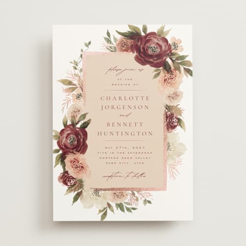 This is a peony foil stamped wedding invitations with foil pressed by Wildfield Paper Co called romantic frame printing on signature in standard