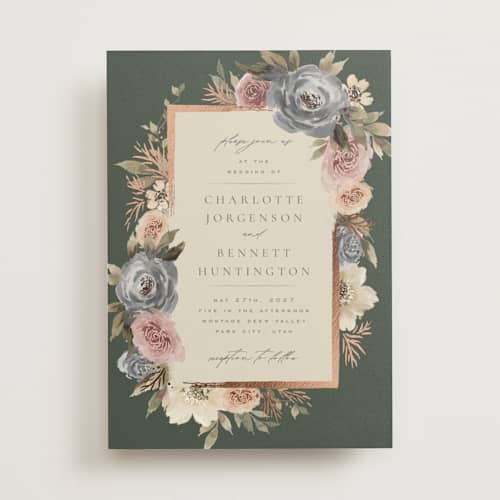 This is a blossom foil stamped wedding invitations with foil pressed by Wildfield Paper Co called romantic frame printing on signature in standard