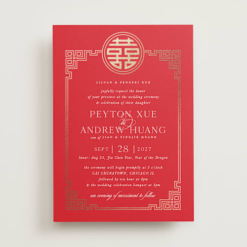This is a ruby foil stamped wedding invitations with foil pressed by Melanie Kosuge called happiness x 2 printing on signature in standard