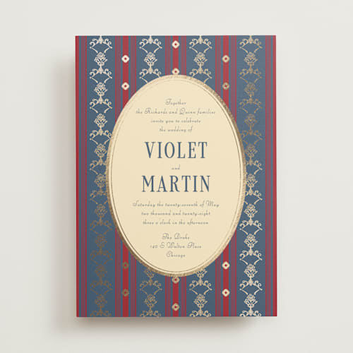 This is a navy foil stamped wedding invitations with foil pressed by Baumbirdy called woven printing on signature in standard