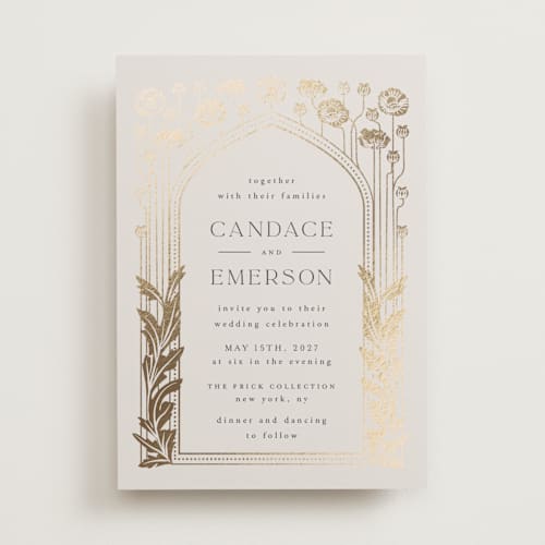 This is a snow foil stamped wedding invitations with foil pressed by Ana de Sousa called nouveau flowers printing on signature in standard