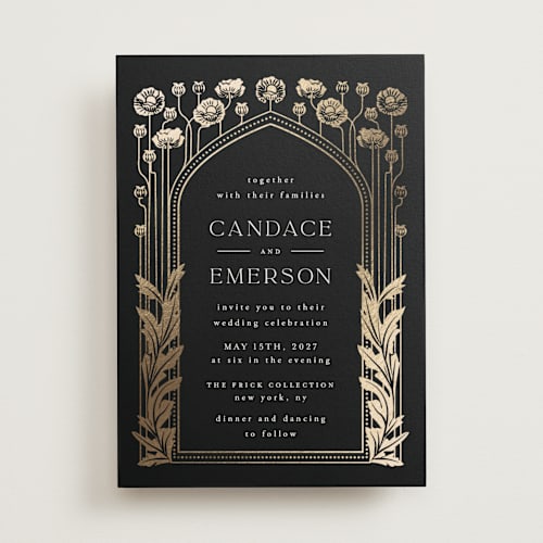 This is a onyx foil stamped wedding invitations with foil pressed by Ana de Sousa called nouveau flowers printing on signature in standard