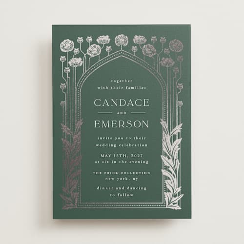 This is a olive foil stamped wedding invitations with foil pressed by Ana de Sousa called nouveau flowers printing on signature in standard