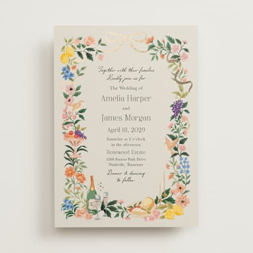 This is a garden foil stamped wedding invitations with foil pressed by Elly called garden feast printing on signature in standard