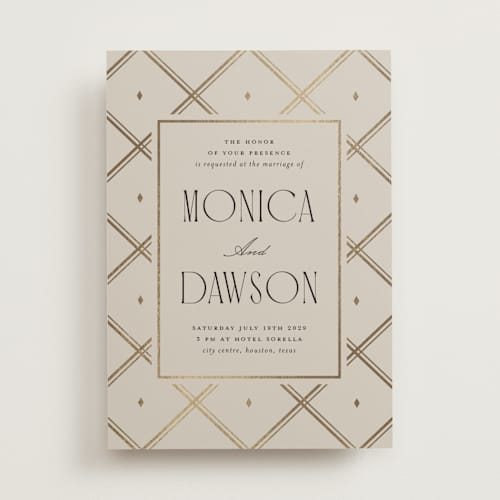 This is a champagne foil stamped wedding invitations with foil pressed by Kristin Oliversen called luxe lines printing on signature in standard