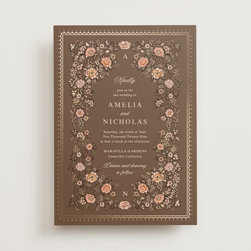 This is a chocolate foil stamped wedding invitations with foil pressed by Paola Benenati called blooming path printing on signature in standard