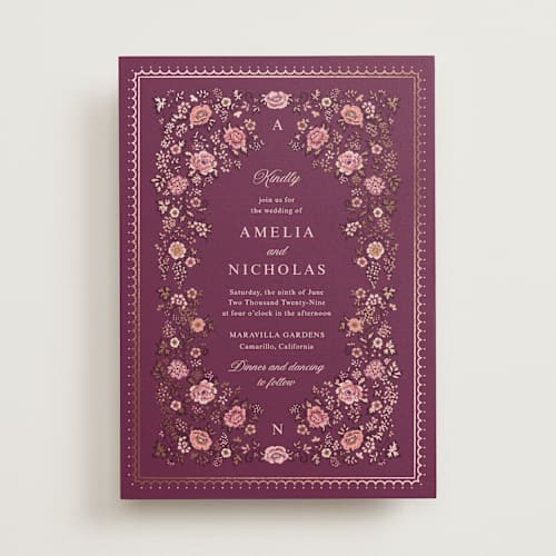 This is a mulberry foil stamped wedding invitations with foil pressed by Paola Benenati called blooming path printing on signature in standard
