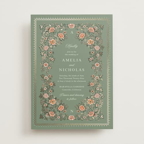 This is a sage foil stamped wedding invitations with foil pressed by Paola Benenati called blooming path printing on signature in standard