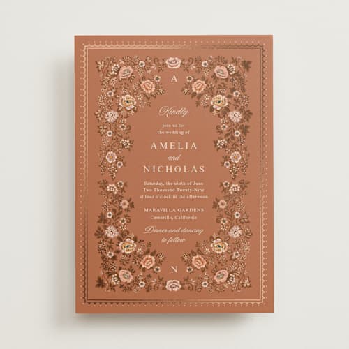 This is a sunset foil stamped wedding invitations with foil pressed by Paola Benenati called blooming path printing on signature in standard