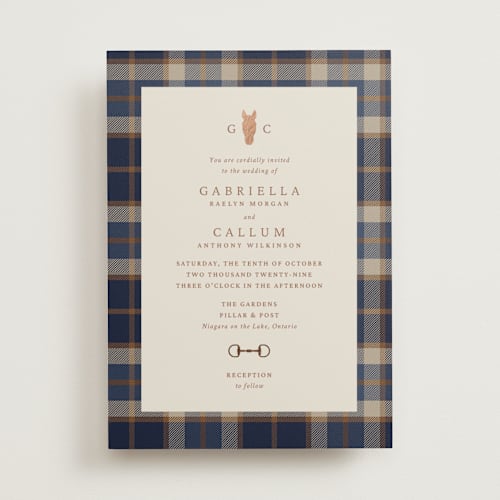 This is a midnight foil stamped wedding invitations with foil pressed by Sam Dubeau called equestrian printing on signature in standard